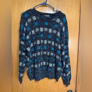 Vintage 80s Black & Teal‎ Geometric Knit Sweater | Retro Grandpa Pullover Large
